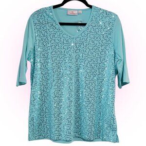 NWT Y2K MCBLING SILVER SEQUIN AQUA BLUE WOMEN'S 3/4 SLEEVE T-SHIRT L
